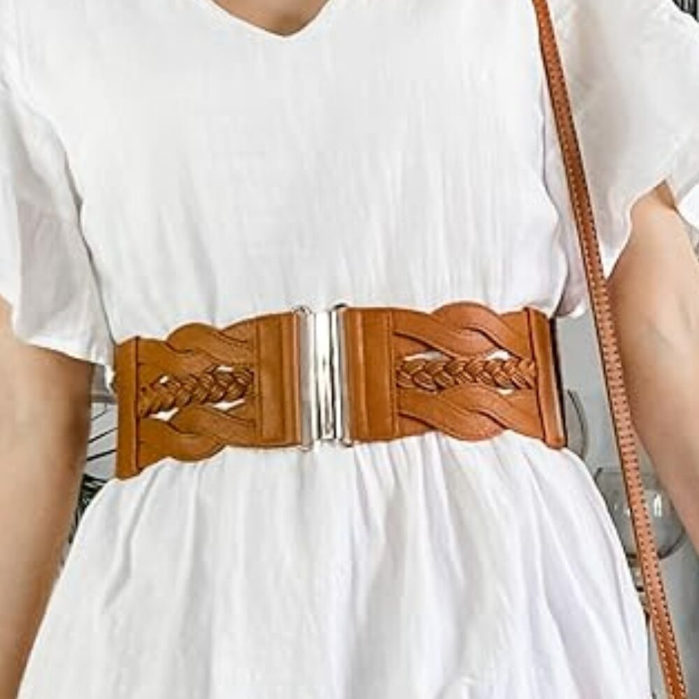 Women's Braided Wide Belt Boho Western Chic Stretchy Size Large Brown